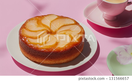Sweet apple pound cake on plate for snack family time on pink background Sweet apple pound cake on plate for snack family time on pink background 131566657