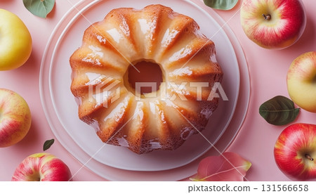 Sweet apple pound cake on plate for snack family time on pink background Sweet apple pound cake on plate for snack family time on pink background 131566658