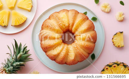 Pineapple pound cake food tropical fresh fruit slice on white plate Pineapple pound cake food tropical fresh fruit slice on white plate 131566695
