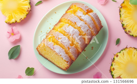 Pineapple pound cake food tropical fresh fruit slice on white plate 131566696