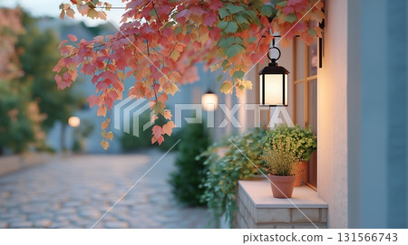 A bay window in a quiet Western-style building surrounded by autumn leaves 131566743