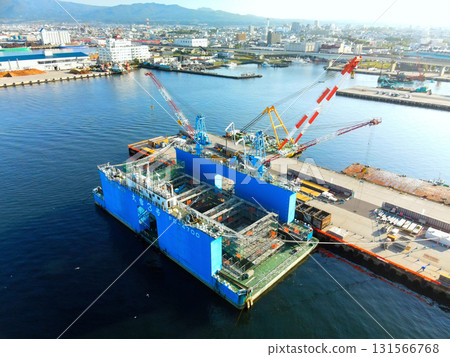 Aerial view of caisson construction work at Hakodate Port in Hakodate, Hokkaido in autumn Aerial view of caisson construction work at Hakodate Port in Hakodate, Hokkaido in autumn 131566768