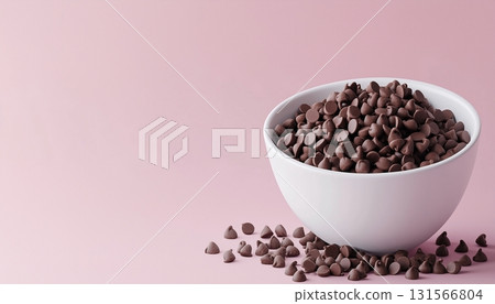Chocolate chips pile on ceramic white bowl pink background 131566804