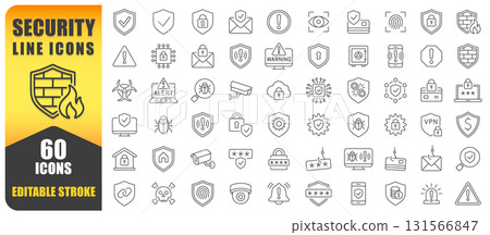 Security Line Icons Vector Set. A Collection Of 60 Thin Line Editable Stroke Icons Representing Safety, Privacy, Protection, Locks, Alerts, And Shields. Perfect For Security Systems, Cyber Protection. 131566847