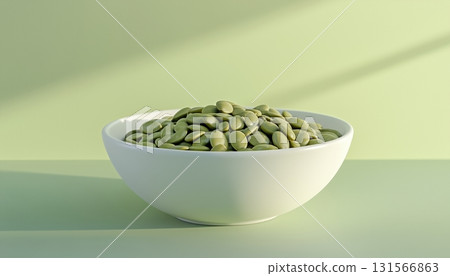 Organic green pumpkin seed on white ceramic bowl with light shadow Organic green pumpkin seed on white ceramic bowl with light shadow 131566863