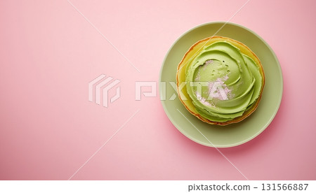 Sweet pancake with matcha cream topping on plate for simple breakfast 131566887