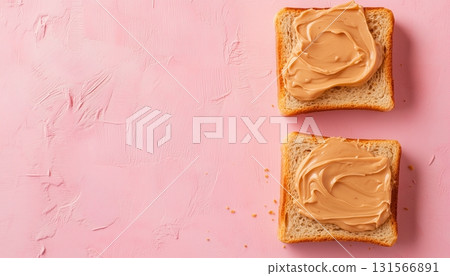 Loaf bread slice with peanut butter jam topping for simple breakfast 131566891