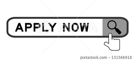 Search banner in word apply now with hand over magnifier icon on white background Search banner in word apply now with hand over magnifier icon on white background 131566918