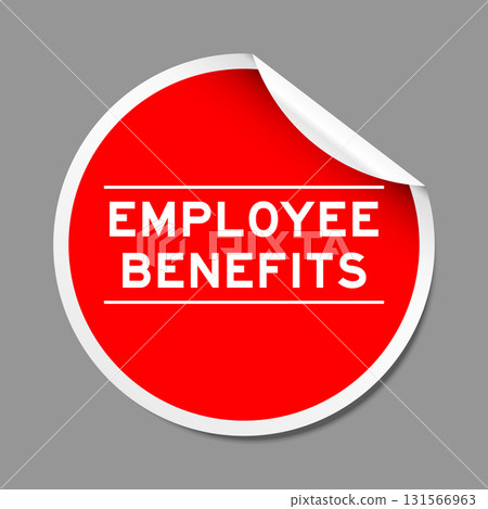 Red color peel sticker label with word employee benefits on gray background 131566963