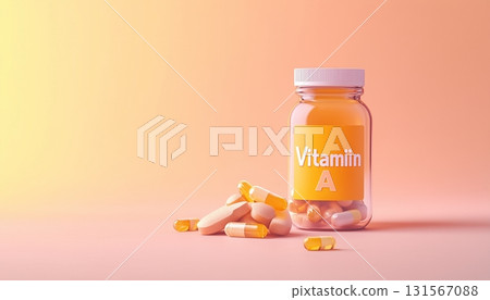 Orange capsule vitamin A supplement for healthy lifestyle on glass jar Orange capsule vitamin A supplement for healthy lifestyle on glass jar 131567088