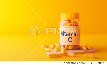 Orange capsule vitamin C with board and fruit on glass jar 131567094