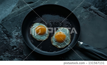 Two fried egg black frying pan with palm oil for breakfast 131567131