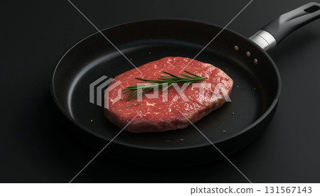 Red meat steak beef slice on black frying pan un cook with rosemary leaf 131567143