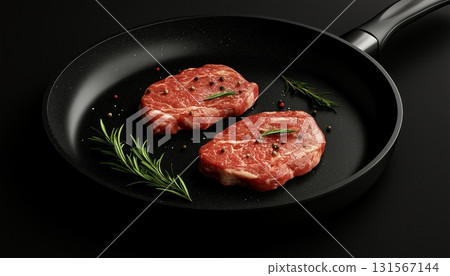 Red meat steak beef slice on black frying pan un cook with rosemary leaf 131567144