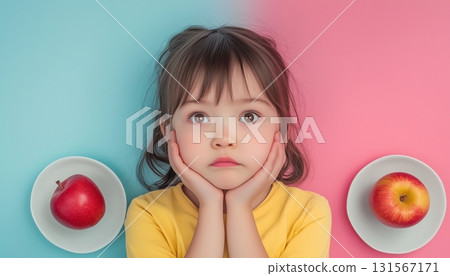 A little girl real with two apples on white plate eating real food for healthy life style A little girl real with two apples on white plate eating real food for healthy life style 131567171