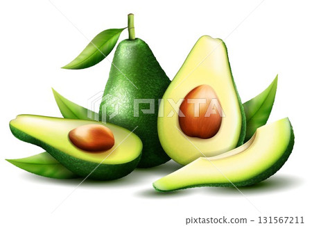 Realistic green avocado for healthy eating. 3D rendering. Whole, slice and halved avocado with bone. Composition of ripe avocado. Vector illustration isolated on white background. Realistic green avocado for healthy eating. 3D rendering. Whole, slice and halved avocado with bone. Composition of ripe avocado. Vector illustration isolated on white background. 131567211