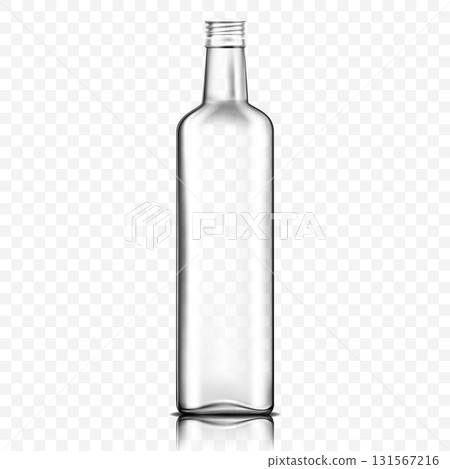 Front view of empty transparent glass bottle isolated on white. Bottles for water or oil, avocado or olive oil , realistic 3d 131567216