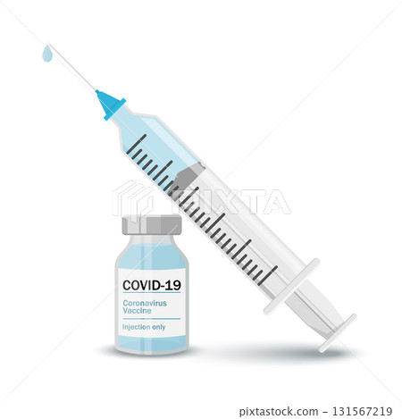 Medical vials for injection with a syringe. Covid-19 Coronavirus concept. vaccine vial and syringe. pandemic covid-19 outbreak. isolated icon. flat vector illustration 131567219