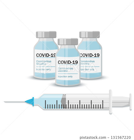 Medical vials for injection with a syringe. Covid-19 Coronavirus concept. vaccine vial and syringe. pandemic covid-19 outbreak. isolated icon. flat vector illustration 131567220
