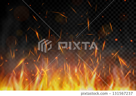 Fire. Fire sparks flying up on transparent background. Smoke and glowing particles on black. Realistic lighting sparks with bokeh effect for design. Vector illustration. 131567237