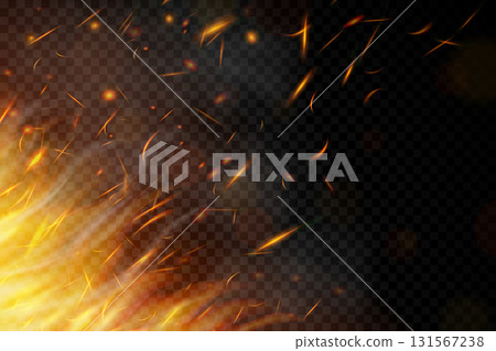 Fire. Fire sparks flying up on transparent background. Smoke and glowing particles on black. Realistic lighting sparks with bokeh effect for design. Vector illustration. 131567238