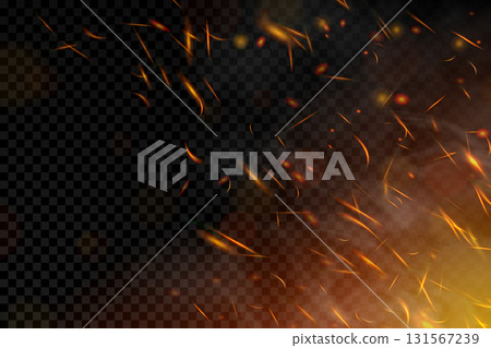 Fire. Fire sparks flying up on transparent background. Smoke and glowing particles on black. Realistic lighting sparks with bokeh effect for design. Vector illustration. 131567239