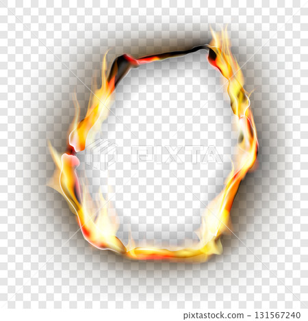Burning torn hole in paper sheet with brown edges and flames . Vector realistic illustration on transparent background 131567240