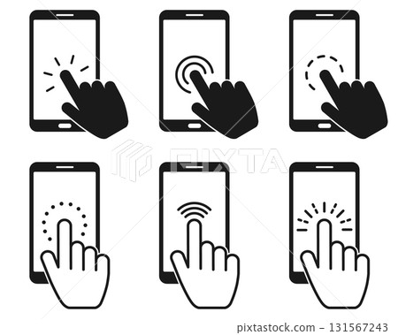 Set of Touch screen smartphone sign icon. Hand pointer symbol. Flat design style. Vector 131567243
