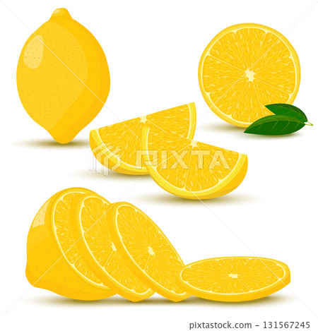 Set of lemons. A whole lemon, half, a piece and a slice of lemon. Fruit isolated on a white background. Stock vector illustration in cartoon style, flat design 131567245