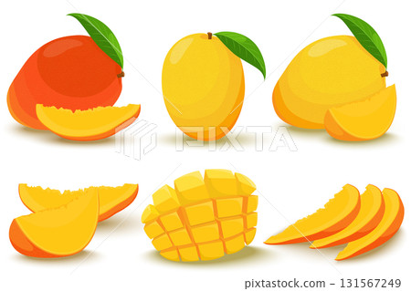 Mango. Whole and pieces. Bright vector set of colorful half, slice and whole mango. Fresh cartoon exotic fruits isolated on white background. Mango. Whole and pieces. Bright vector set of colorful half, slice and whole mango. Fresh cartoon exotic fruits isolated on white background. 131567249