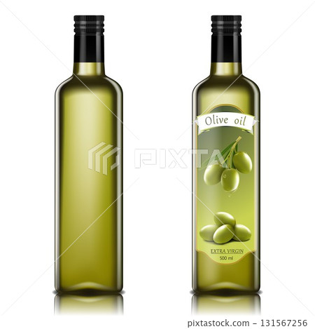 Olive oil glass bottles with olive oil splash. Vector 3D realistic template design. 131567256