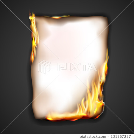 Paper burning in fire flame, realistic vector burnt paper with sparks on edge frame. Burning paper scroll or card on black background, note page or parchment sheet, igniting in fire flamesv 131567257