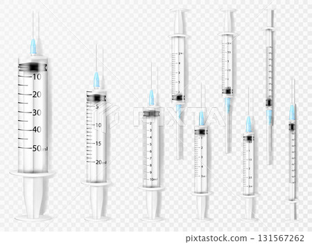 Set of medical plastic syringes of different sizes ,scope and purpose. Syringes for subcutaneous and intramuscular injections with a needle and a cap , realistic 3d vector illustration 131567262