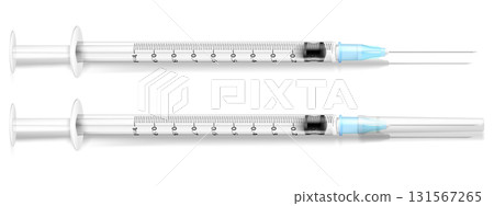Realistic open and closed medical millimeter syringes, insulin syringe with needle. medical instrument, laboratory equipment, 3d vector illustration 131567265
