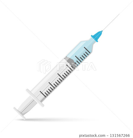 Medical syringe with liquid and droplet on a white background. Syringe parts: needle, syringe dosage scale. Flat style 131567266