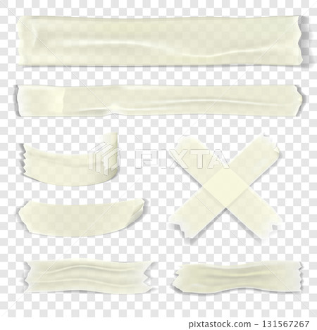 close up of pieces of adhesive tape on transparent background, realistic 3d vector illustration 131567267