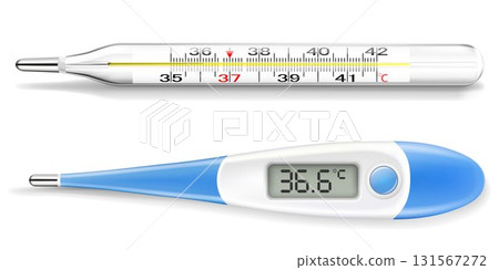 Medical thermometers for determining the temperature of the human body. Mercury and electronic thermometers. Vector 3D realistic illustration. Medical thermometers for determining the temperature of the human body. Mercury and electronic thermometers. Vector 3D realistic illustration. 131567272