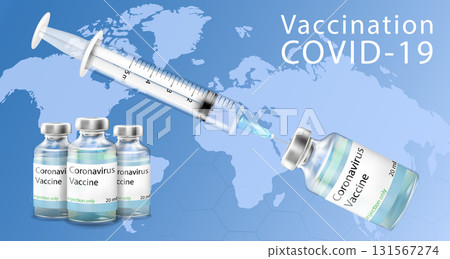 Coronavirus vaccination banner with covid-19 vaccine bottle, syringe on the background of the map . 3d vector realistic.Vector concept of immunization, treatment, medical research. 131567274