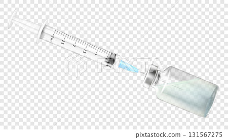 Medical syringe with a needle in a vial with a vaccine for hypodermic injection, with anti-Covid-19 serum. Injections, vaccine and disposable syringe. Sterile ampoule vials with aluminum cap. 131567275