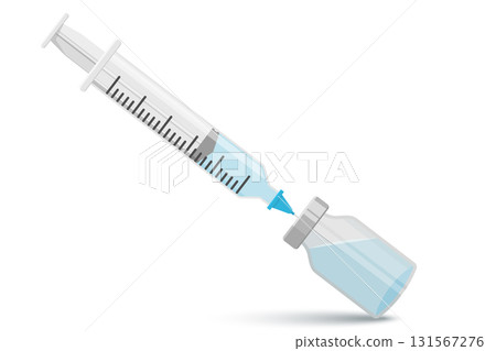 Medical syringe with a needle in a vial with a vaccine for hypodermic injection, with anti-Covid-19 serum. Injections, vaccine and disposable syringe. Sterile ampoule vials with aluminum cap. 131567276