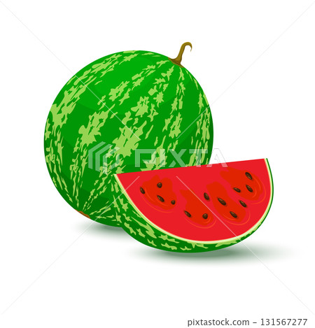 Watermelon vector. Whole watermelon and juicy watermelon slice vector illustration in flat design isolated on white background. 131567277