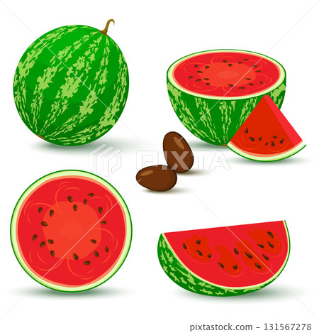 Watermelon vector. Bright vector set of half, whole slice of cut watermelon isolated on white background. Vector illustration. Watermelon vector. Bright vector set of half, whole slice of cut watermelon isolated on white background. Vector illustration. 131567278