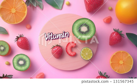 vitamin C text on board with strawberry, candy and kiwi fruit on pink background 131567345