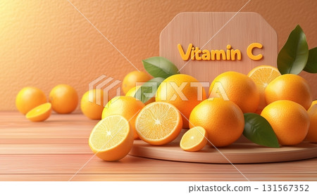 Fresh orange fruit and wooden board with text vitamin C for healthy food 131567352