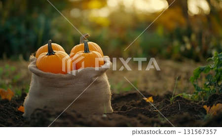 Organic pumpkin pile on sack eco bag in soil ground fresh agriculture farm 131567357