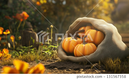 Organic pumpkin pile on sack eco bag in soil ground fresh agriculture farm 131567358