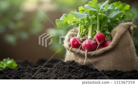 Organic red radish pile on sack eco bag from knitted dry plant in soil agriculture land Organic red radish pile on sack eco bag from knitted dry plant in soil agriculture land 131567359