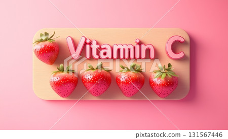 Vitamin C board text with strawberry fruit decoration on pink background Vitamin C board text with strawberry fruit decoration on pink background 131567446