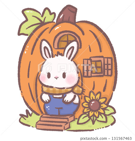 Kawaii bunny character cute chibi rabbit wearing plaid scarf and overalls standing at door of pumpkin house with sunflower autumn farmhouse illustration for stickers greeting cards and crafts Kawaii bunny character cute chibi rabbit wearing plaid scarf and overalls standing at door of pumpkin house with sunflower autumn farmhouse illustration for stickers greeting cards and crafts 131567463