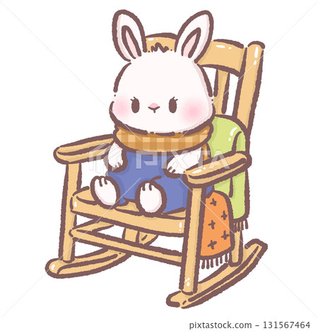 Cute bunny sitting on cozy farmhouse rocking chair with fall blanket kawaii autumn animal illustration cozy fall clipart for kids and family designs 131567464